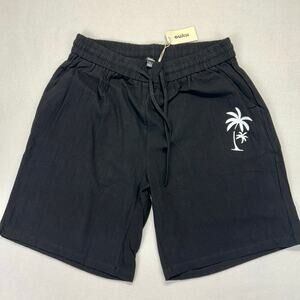 Ouku Beach Linen Blend Shorts Mens 2XL Black w Palm Tree Elastic Tie Waist NWT